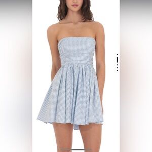 Blue Gingham printed Strapless Mini Dress